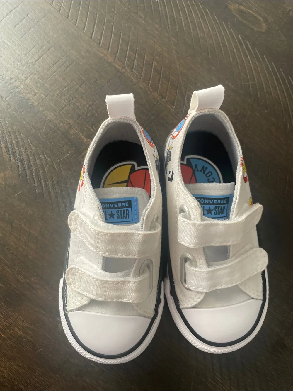Converse Toddler White Canvas Velcro Sneakers with Sports Decals